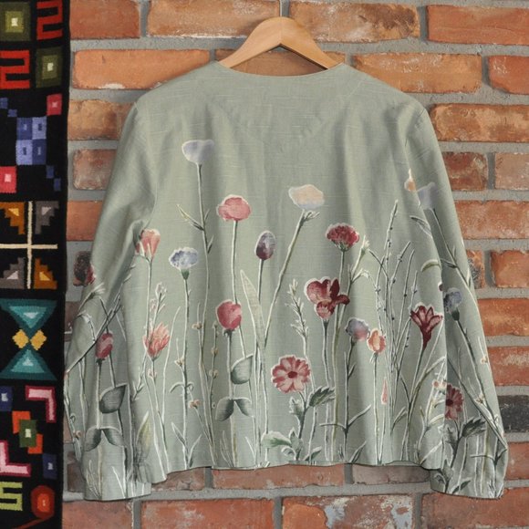 Coldwater Creek Sage Green Botanical Floral Print Button Up Jacket Coat L - Picture 7 of 8